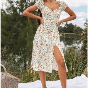 Peppermayo White Floral Midi Dress with Orange & Green Print
